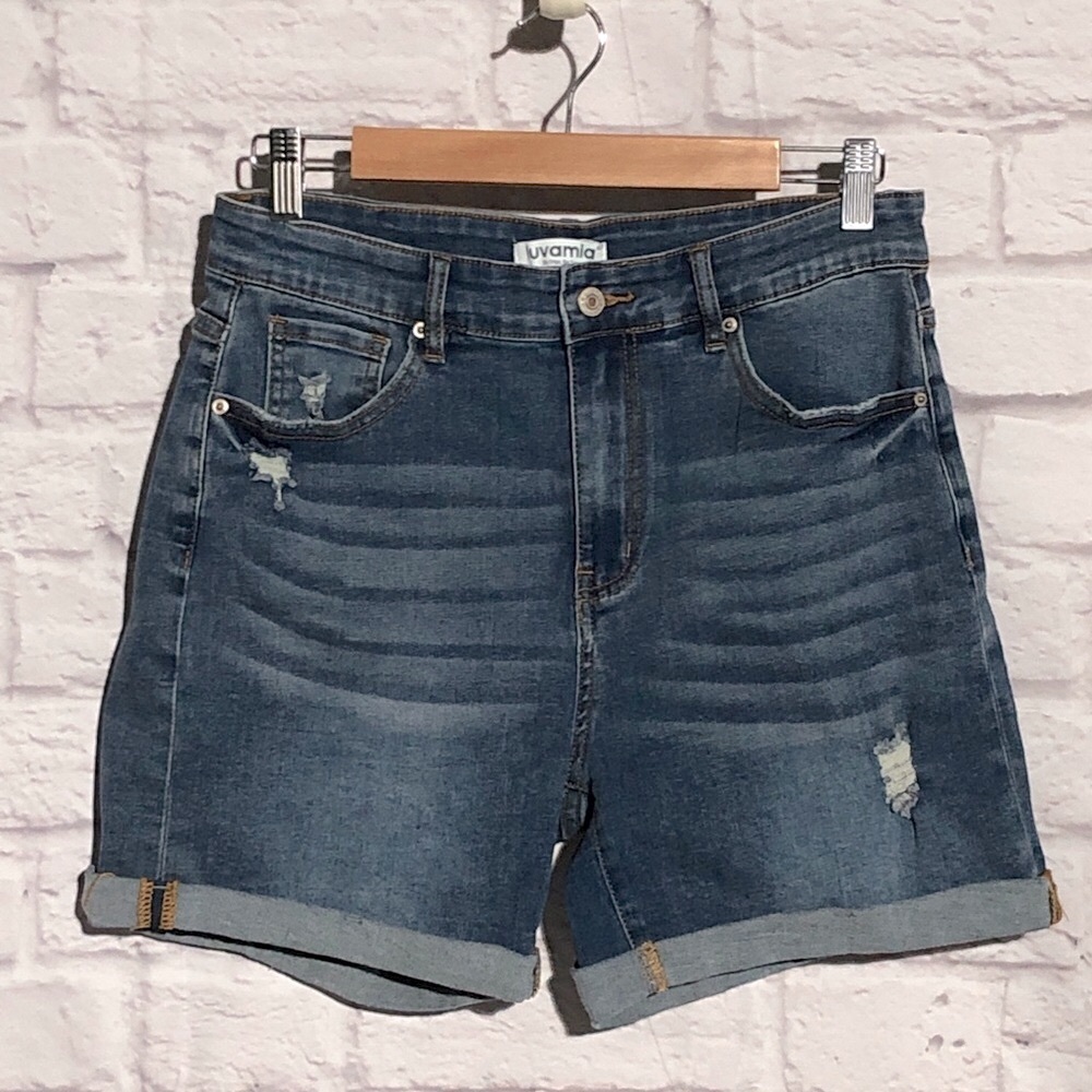 Luvamia Women's Distressed Dark Blue Jean Soft Denim Shorts size Large NWOT